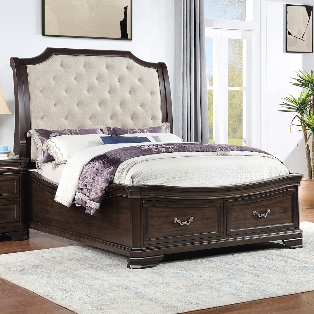 Lyndhurst Wood Queen Upholstered Bed in Walnut. Picture 2