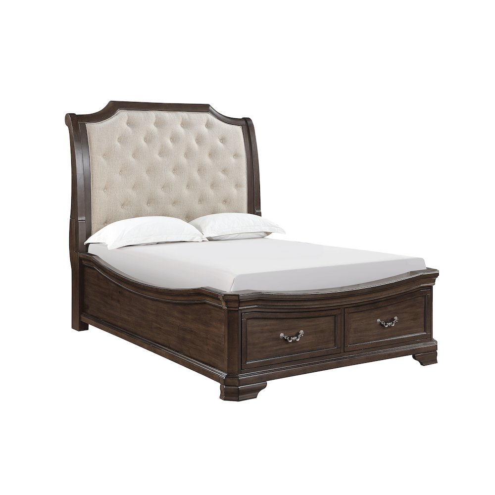 Lyndhurst Wood Queen Upholstered Bed in Walnut. Picture 1