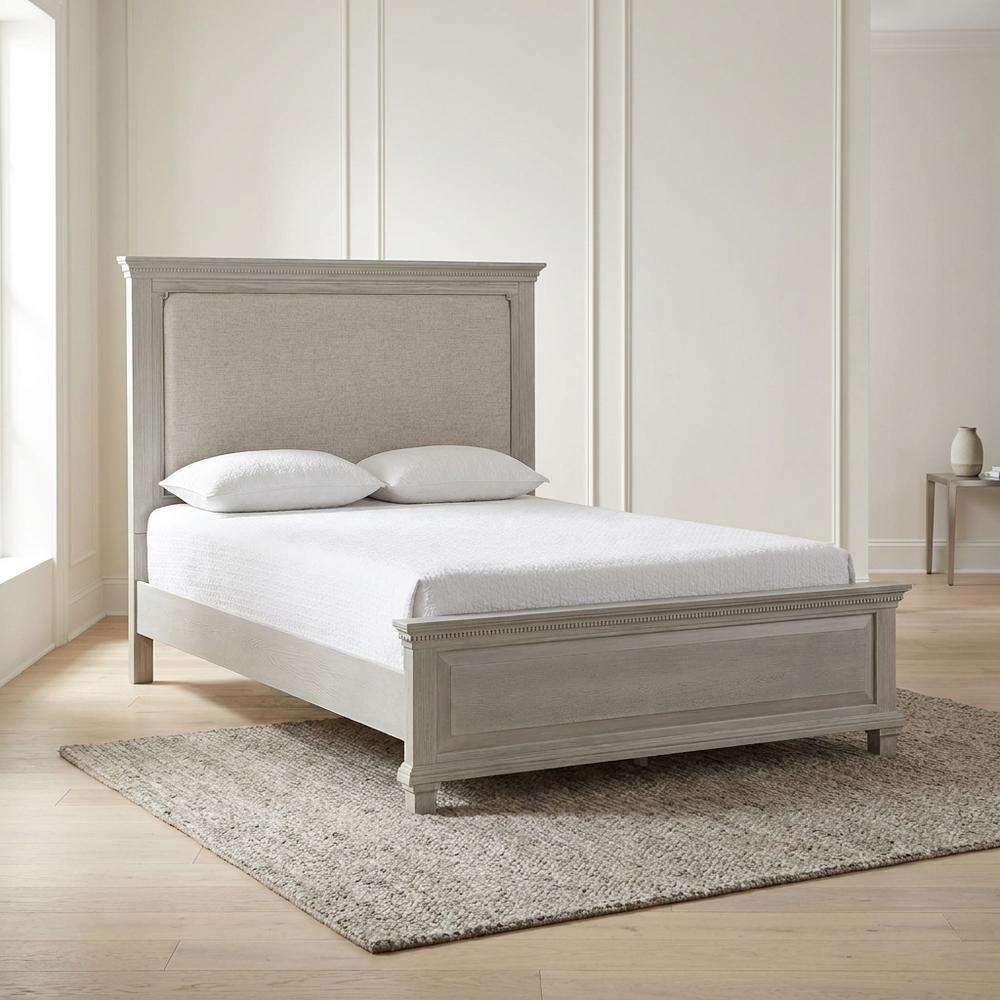 Polyester-Upholstered Queen Panel Bed Frame with Headboard and Footboard, Gray. Picture 2