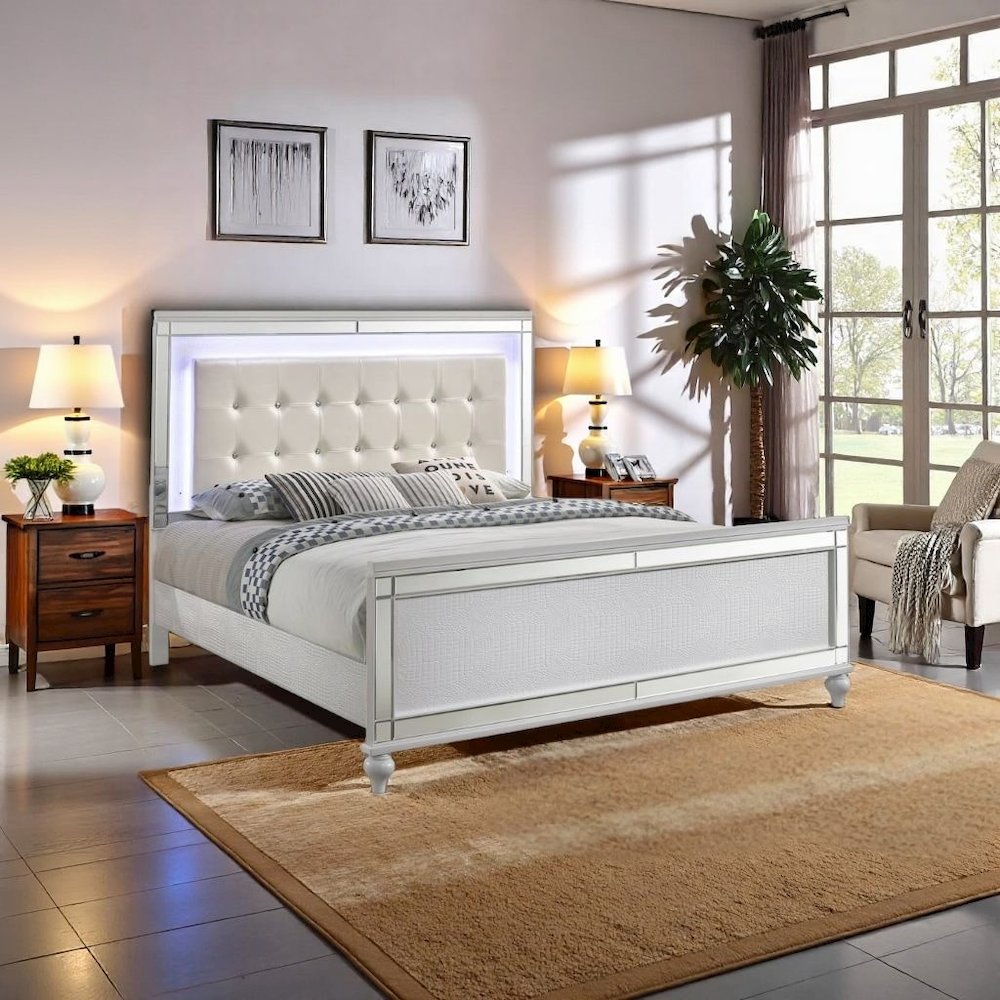 White Queen Bedframe – Solid Wood LED Bed Frame Queen with Headboard. Picture 3