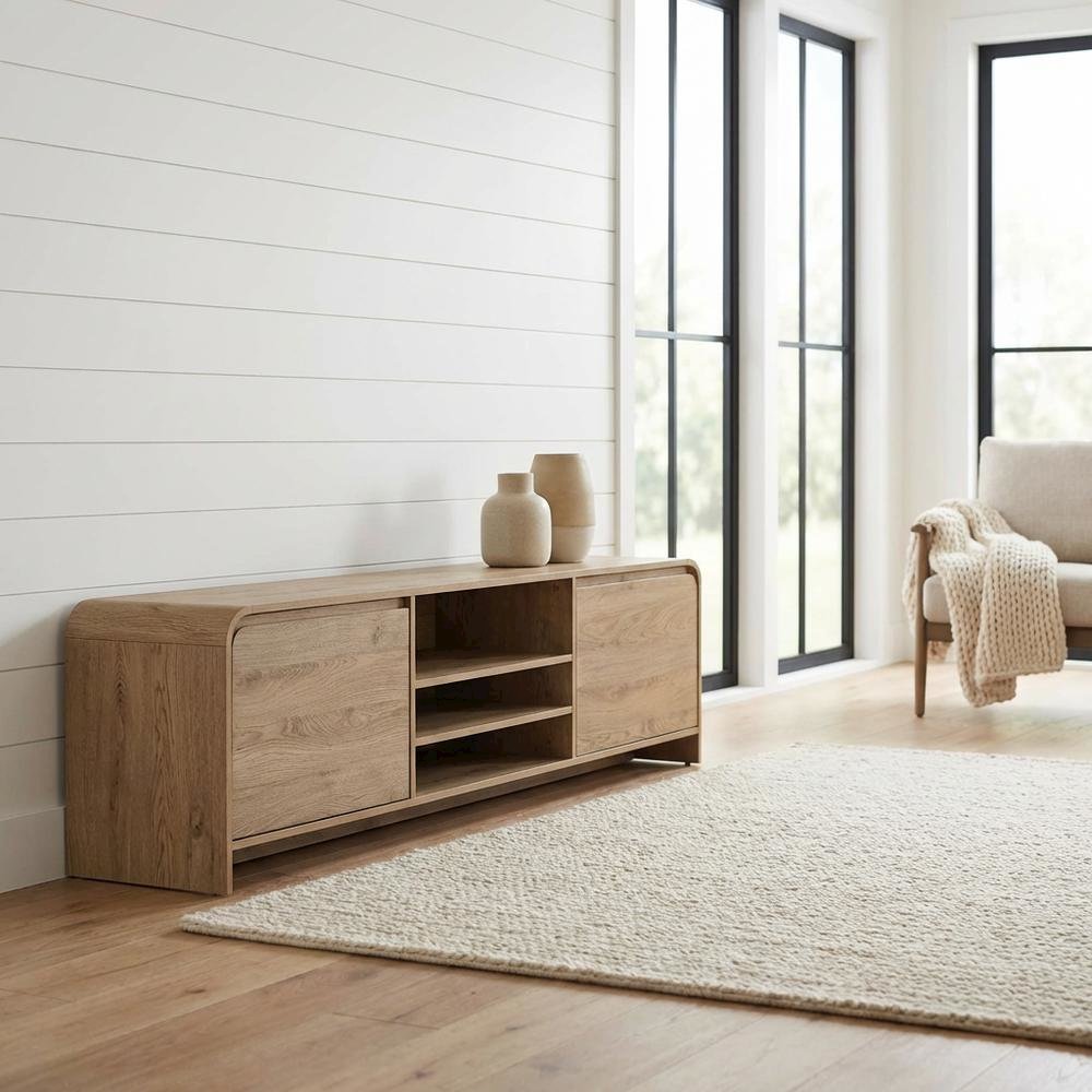 Beige Wood TV Stand with Rubberwood Solids and Walnut Veneers for Living Room. Picture 2