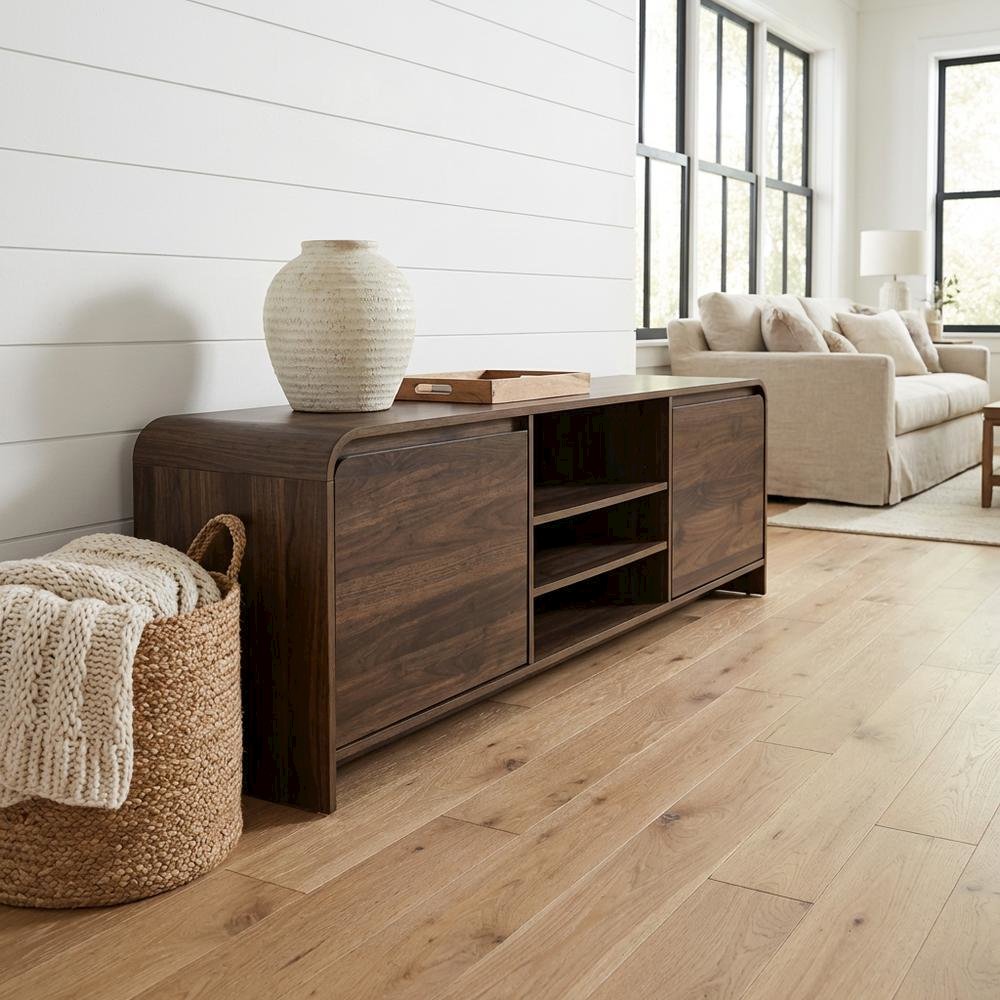Walnut Wood TV Stand with Solid Rubberwood and Veneers for Indoor Living. Picture 2