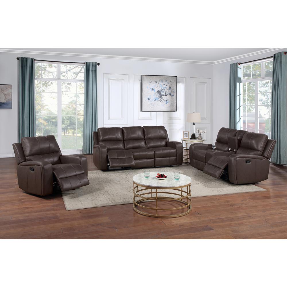 Linton Leather Console Loveseat W/ Dual Recliners-Brown. Picture 2