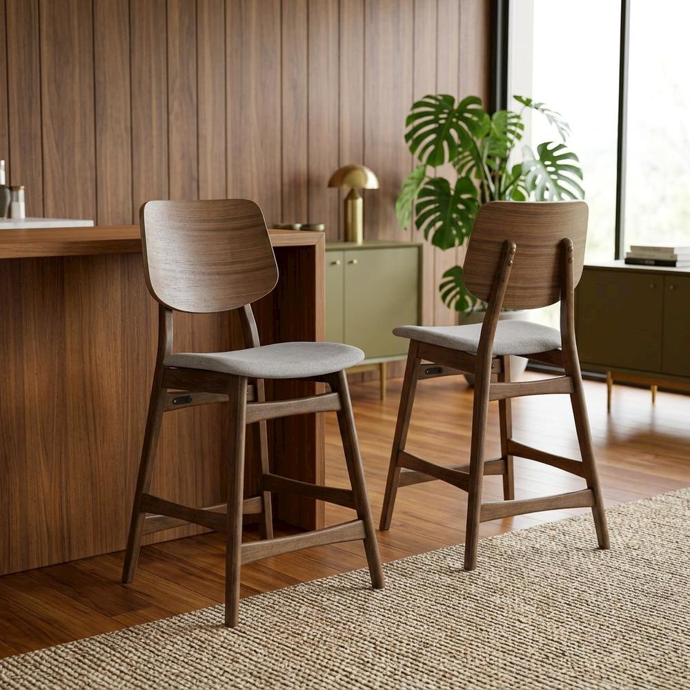 Solid Wood Counter Stools with Upholstered Seat, Dark Gray, Set of 2. Picture 2