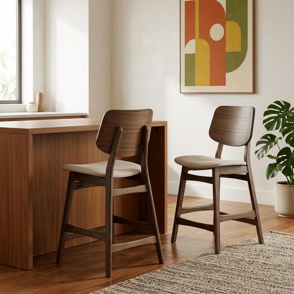 Wood Upholstered Counter Height Bar Stools for Kitchen Island, Walnut, Set of 2. Picture 2