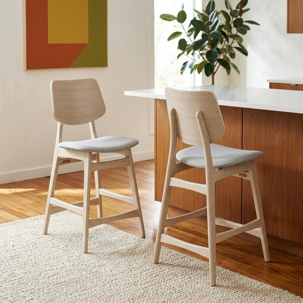 Wood Upholstered Counter Bar Stools for Kitchen Island, White Ash, Set of 2. Picture 2