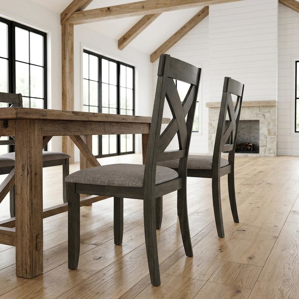 Solid Wood and Fabric-Upholstered Rustic Side Chair, Rustic Brown, Set of 2. Picture 2