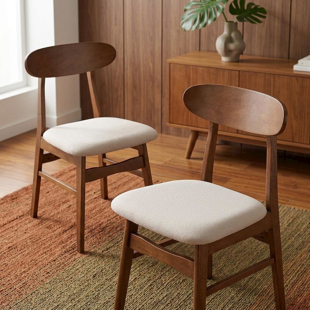 Mid-Century Modern Wood Dining Chair with Cushioned Seat, Beige, Set of 2. Picture 2