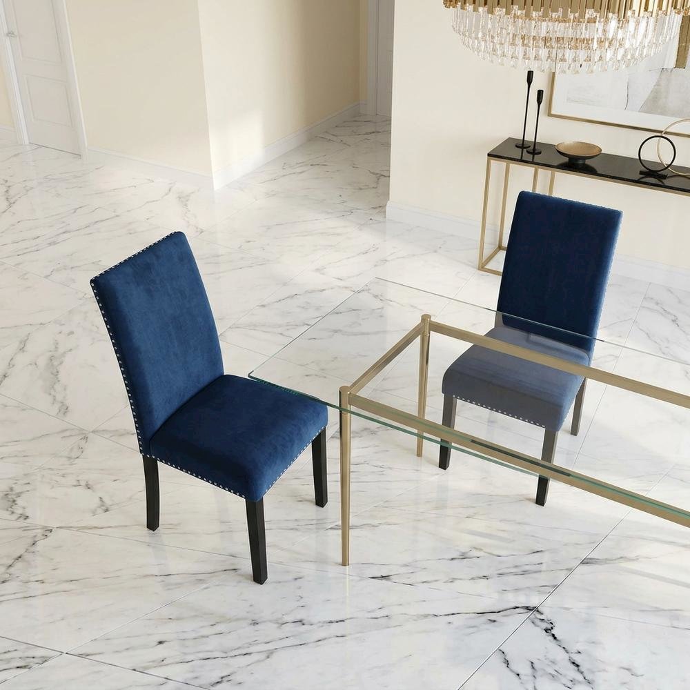 Velvet Upholstered Dining Chair with Wood Legs for Dining Room, Blue, Set of 2. Picture 2