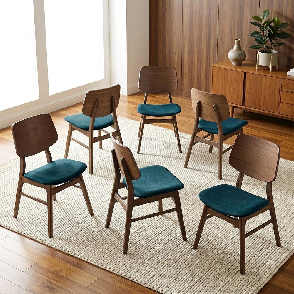 Solid Wood Upholstered Dining Chairs for Kitchen or Dining Room, Teal, Set of 6. Picture 2