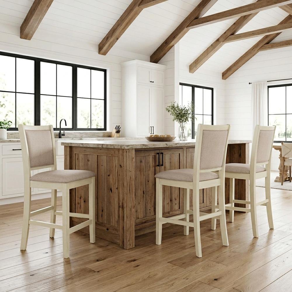 Solid Wood Counter Height Bar Stools with Polyester Upholstered Seats, Set of 4. Picture 2