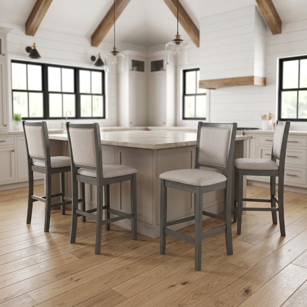 Solid Wood Counter Height Bar Stools with Polyester Upholstered Seats, Set of 4. Picture 2