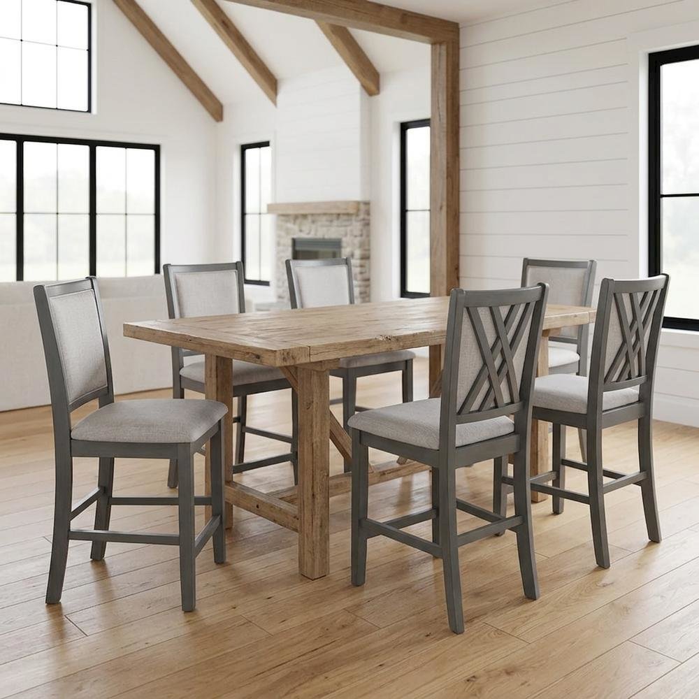 Solid Wood Counter Height Bar Stools with Polyester Upholstered Seats, Set of 6. Picture 2