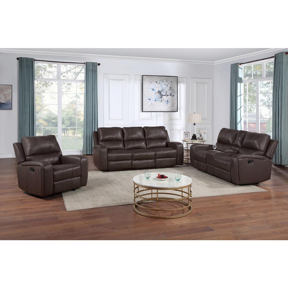 Linton Leather Console Loveseat W/ Dual Recliners-Brown. Picture 3
