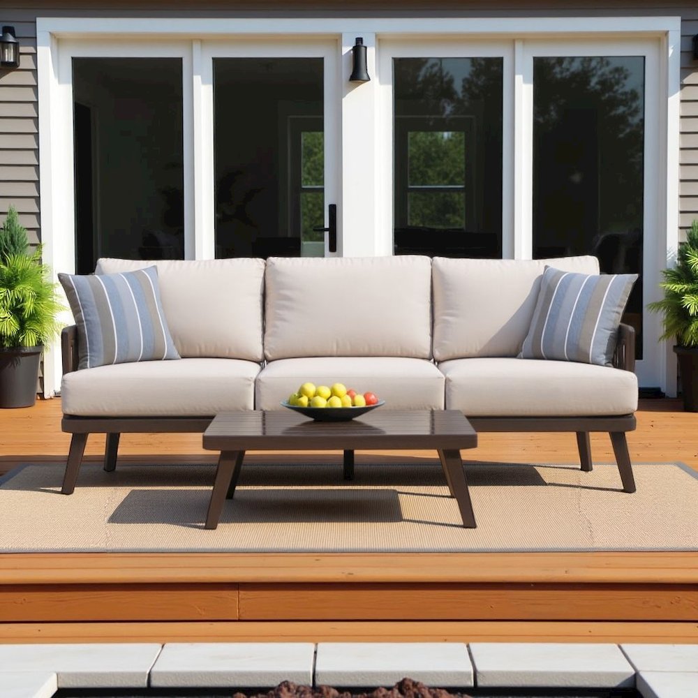 Gray Outdoor Sofa with Wicker Frame, Patio Couch for Porch or Garden. Picture 2