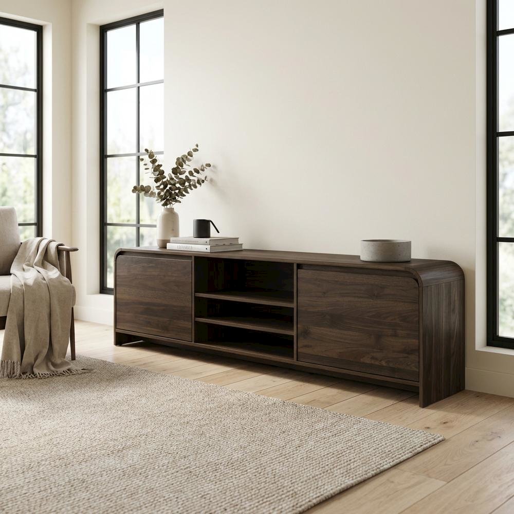 Walnut Wood TV Stand with Solid Rubberwood and Veneers for Indoor Living. Picture 3