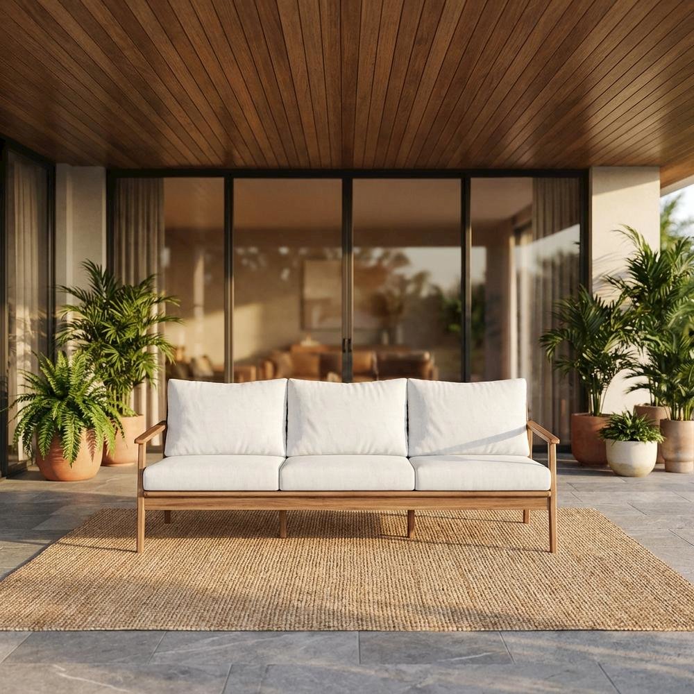 Wood, Fabric Outdoor Sofa In Finish, Spacious Rectangle Design, Sturdy Build. Picture 2