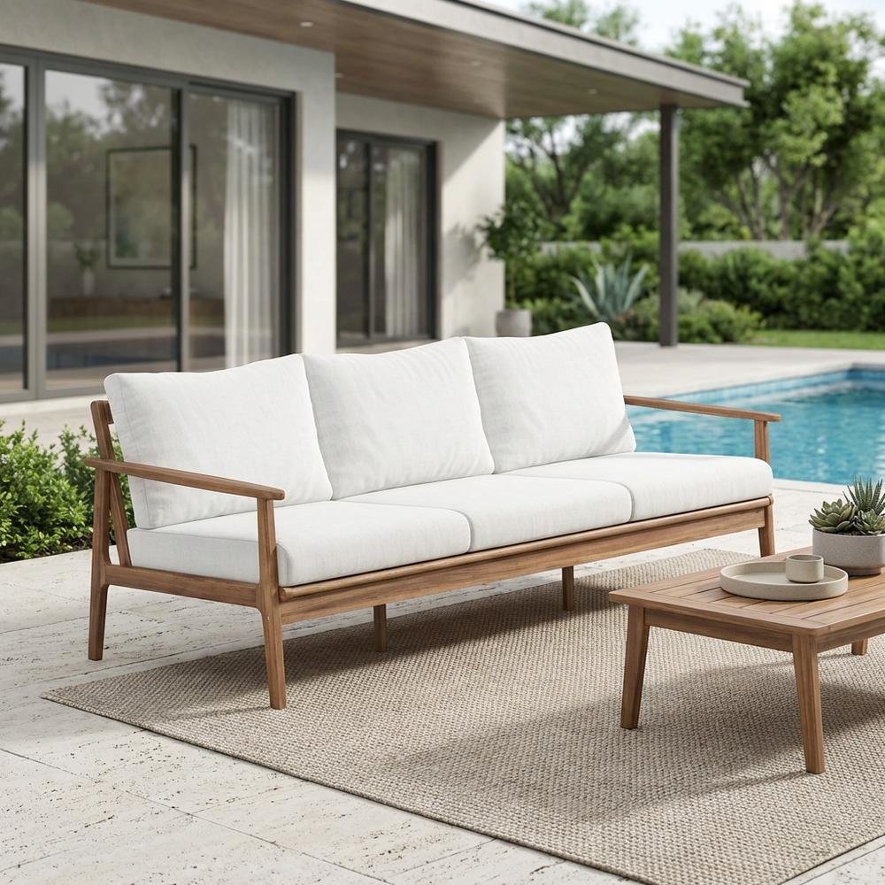 Wood, Fabric Outdoor Sofa In Finish, Spacious Rectangle Design, Sturdy Build. Picture 3