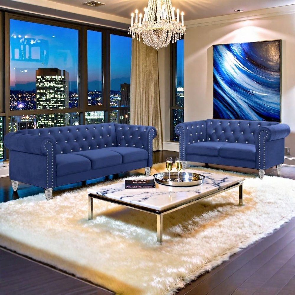 2-Piece Blue Couch Set – Sofa and Loveseat Sofas for Living Room Set. Picture 3