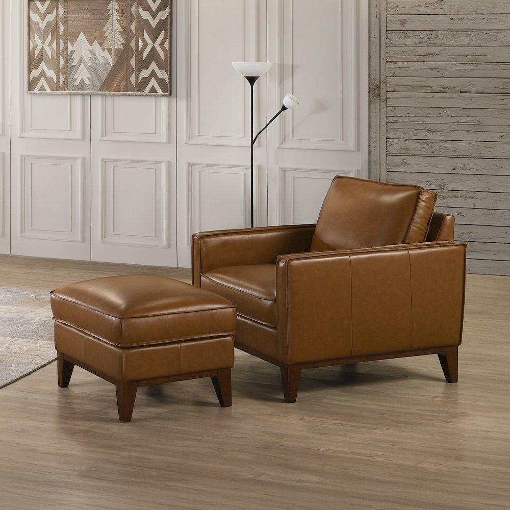 Caspar Leather Ottoman and Chair Set in Caramel. Picture 2
