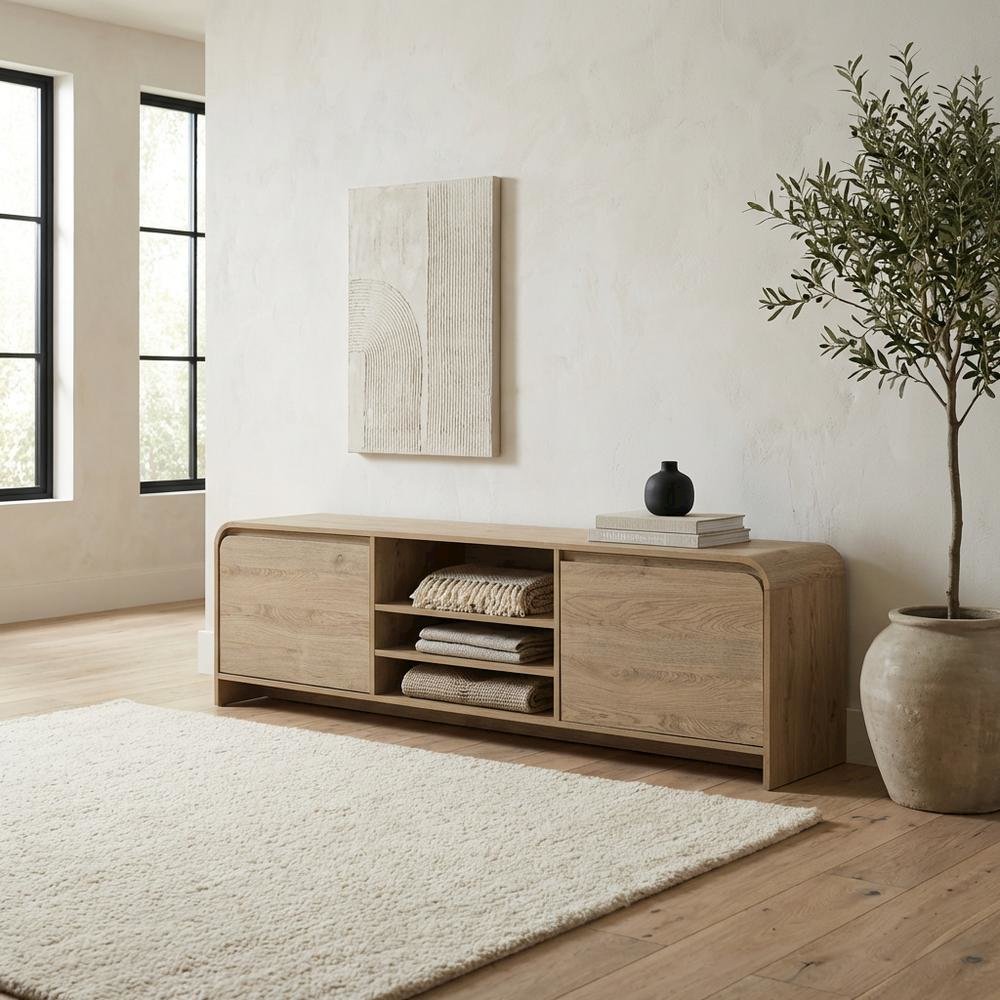 Beige Wood TV Stand with Rubberwood Solids and Walnut Veneers for Living Room. Picture 3