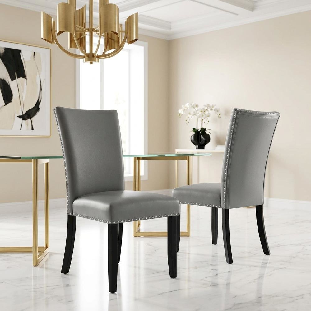 Solid Wood and Vinyl Upholstered Dining Chairs for Dining Room, Grey, Set of 2. Picture 4