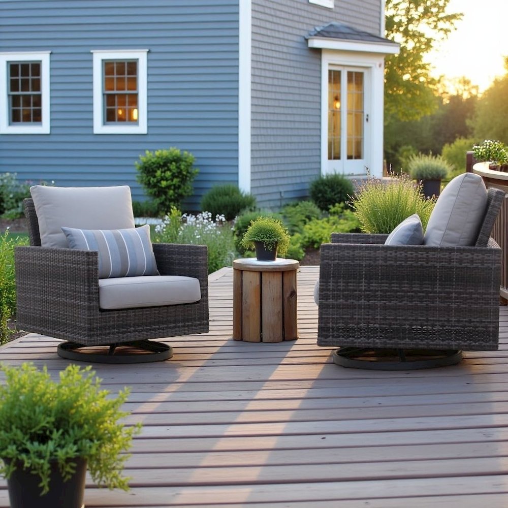 Gray Outdoor Swivel Chairs Set of 2, Wicker Patio Club Seating Pair. Picture 3
