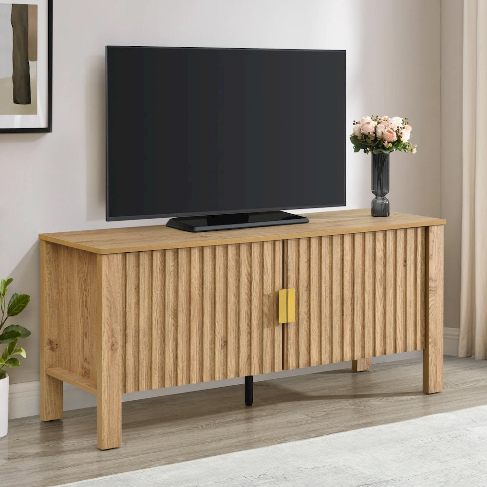 Thayer Wood TV Console with Two Doors in Natural/Beige. Picture 8