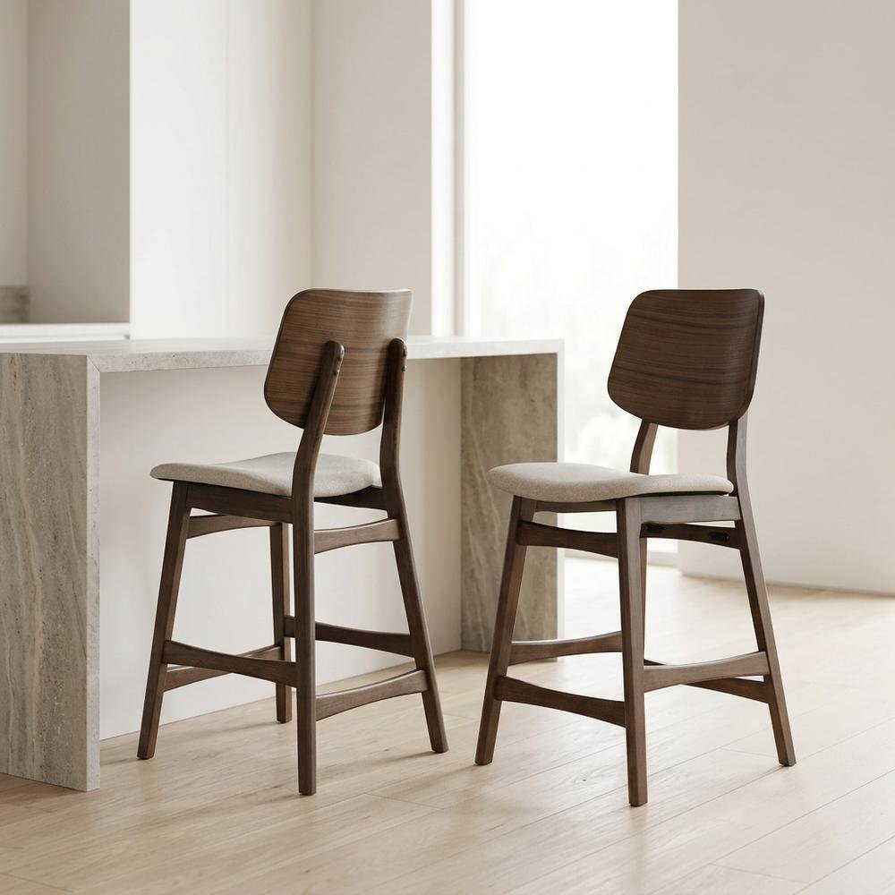 Wood Upholstered Counter Height Bar Stools for Kitchen Island, Walnut, Set of 2. Picture 4