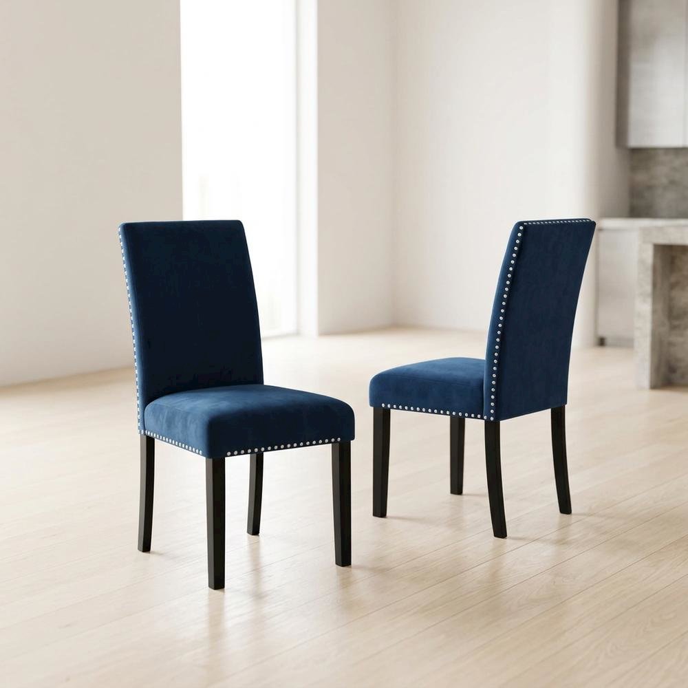 Velvet Upholstered Dining Chair with Wood Legs for Dining Room, Blue, Set of 2. Picture 4