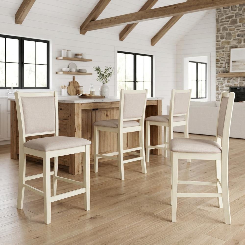 Solid Wood Counter Height Bar Stools with Polyester Upholstered Seats, Set of 4. Picture 4