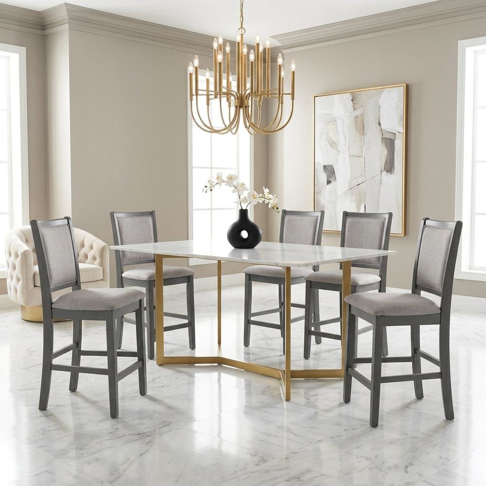 Solid Wood Counter Height Bar Stools with Polyester Upholstered Seats, Set of 6. Picture 4