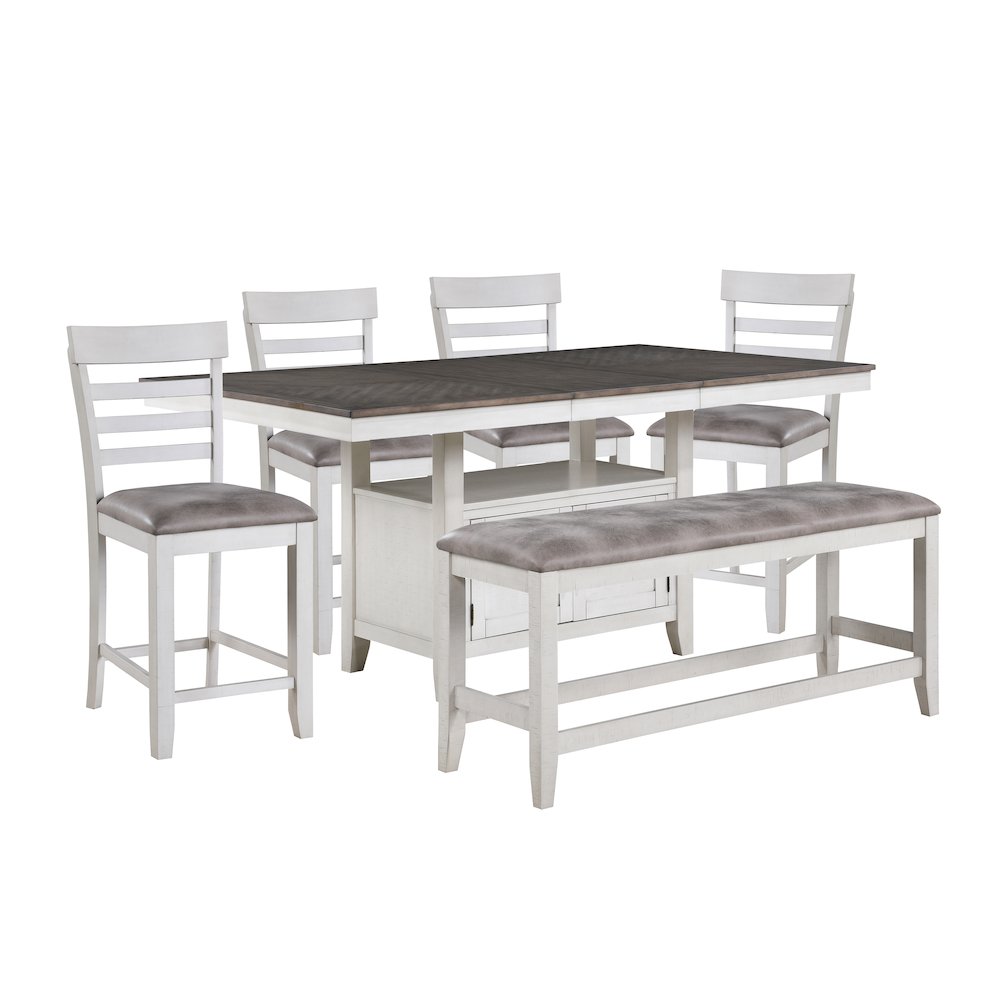 Richland 6-Piece Wood Dining Set w Bench in Stonewash Gray. Picture 1