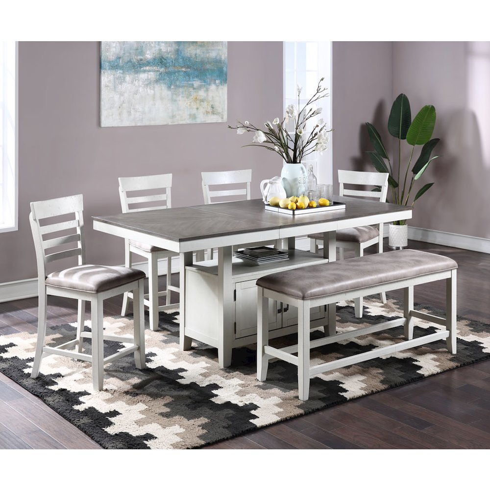 Richland 6-Piece Wood Dining Set w Bench in Stonewash Gray. Picture 2