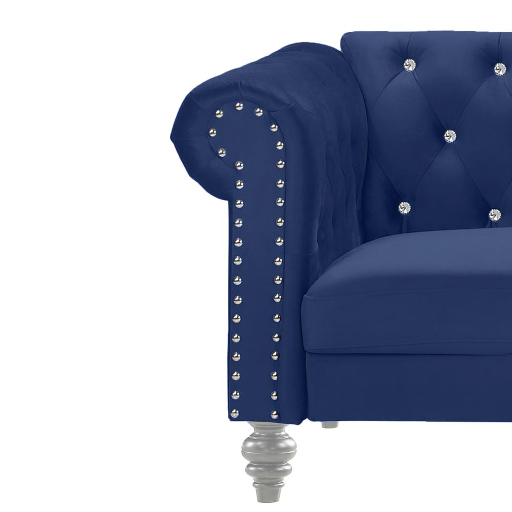 Furniture Emma Velvet Fabric Loveseat with Rolled Arms in Royal Blue. Picture 5