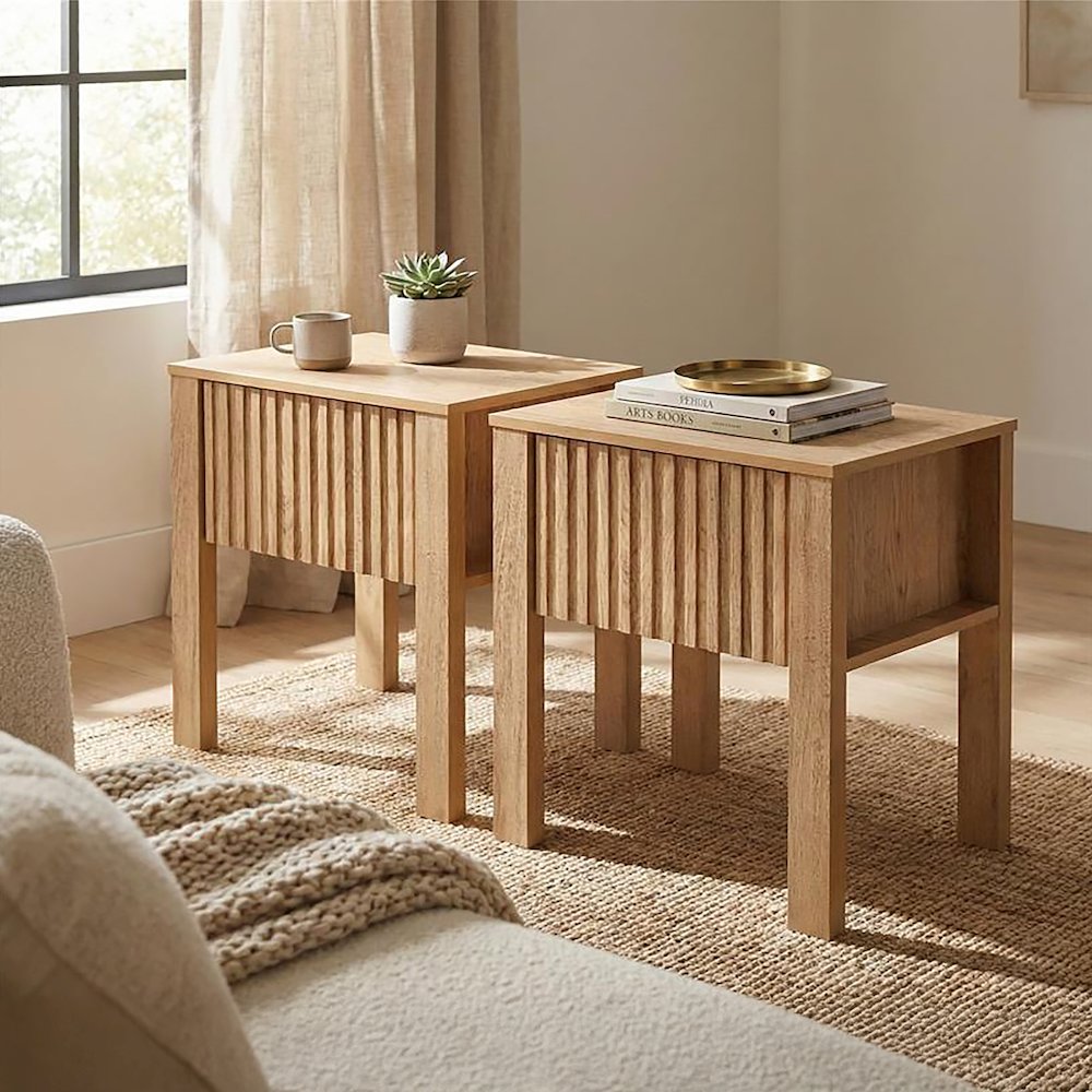 New Classic Furniture Thayer Wood 1-Drawer End Table in Natural/Beige (Set of 2). Picture 2