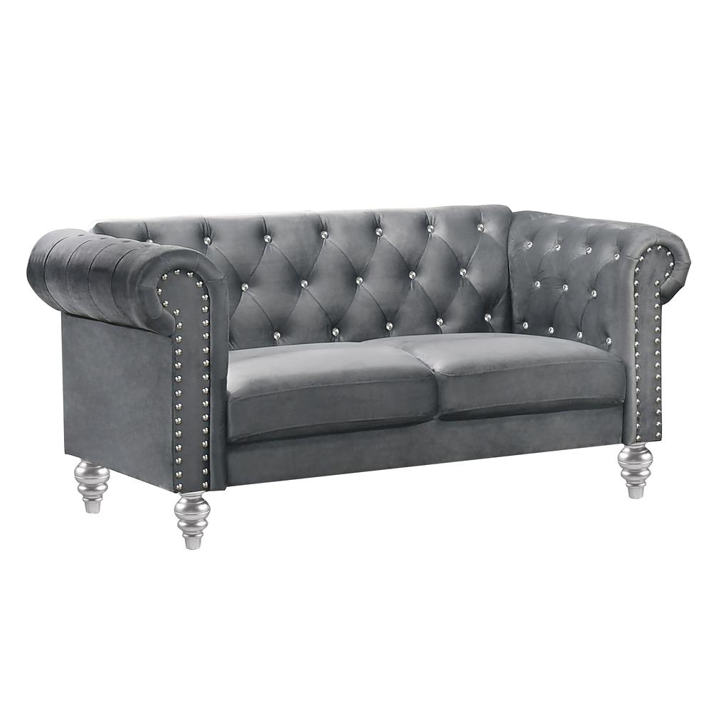 Furniture Emma Velvet Fabric Loveseat with Rolled Arms in Gray. Picture 1