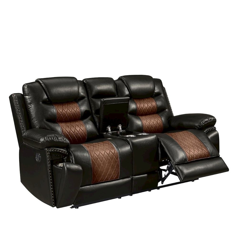 Brown Faux Leather Loveseat Recliner Sofa With Cup Holders And Manual Comfort. Picture 1