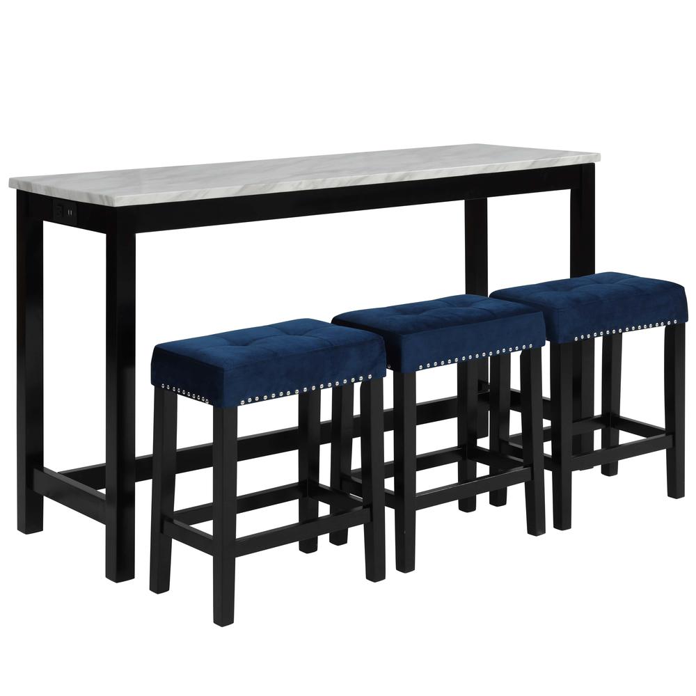 Furniture Celeste 4-Piece Faux Marble & Wood Bar Set in Blue. Picture 1