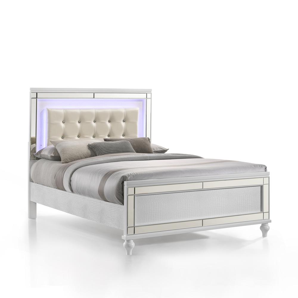 Furniture Valentine Solid Wood Full Size Lighted Bed in White. Picture 1