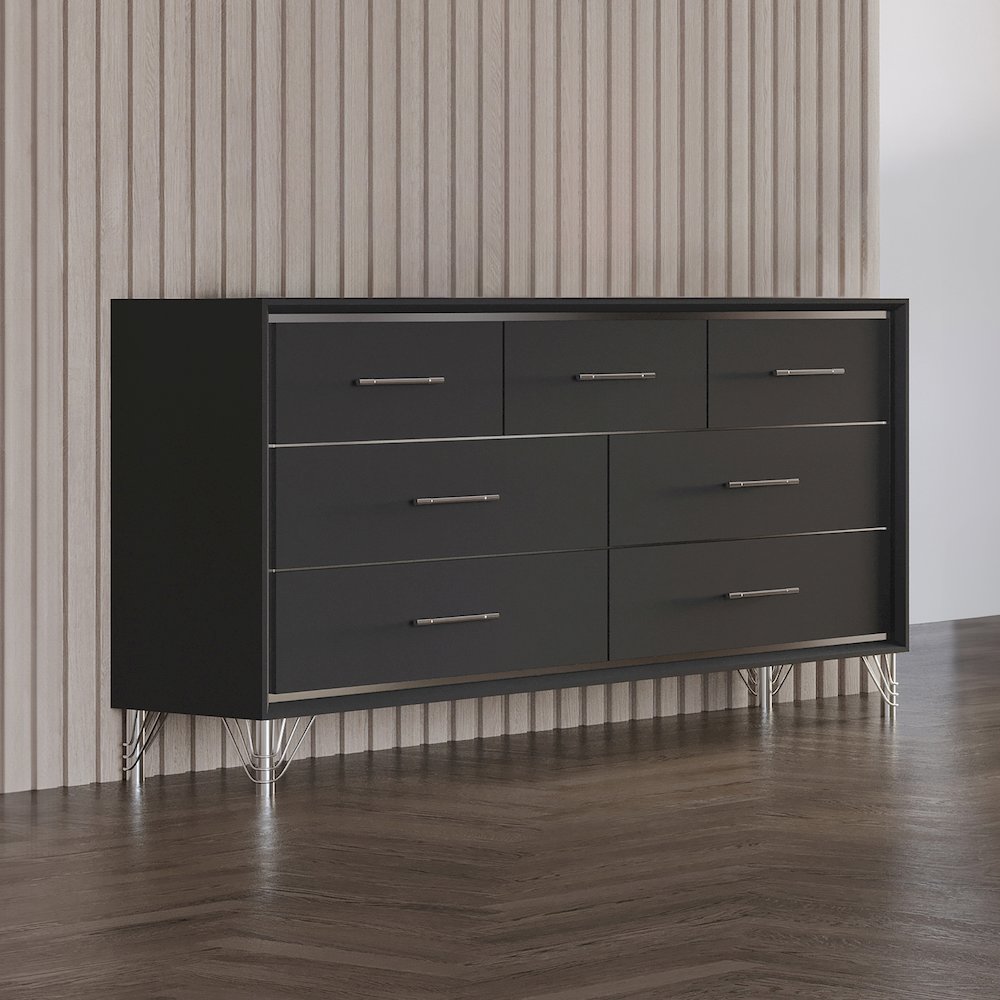 Ava Wood 7 Metal Glide Drawers Dresser in Ebony Black. Picture 2