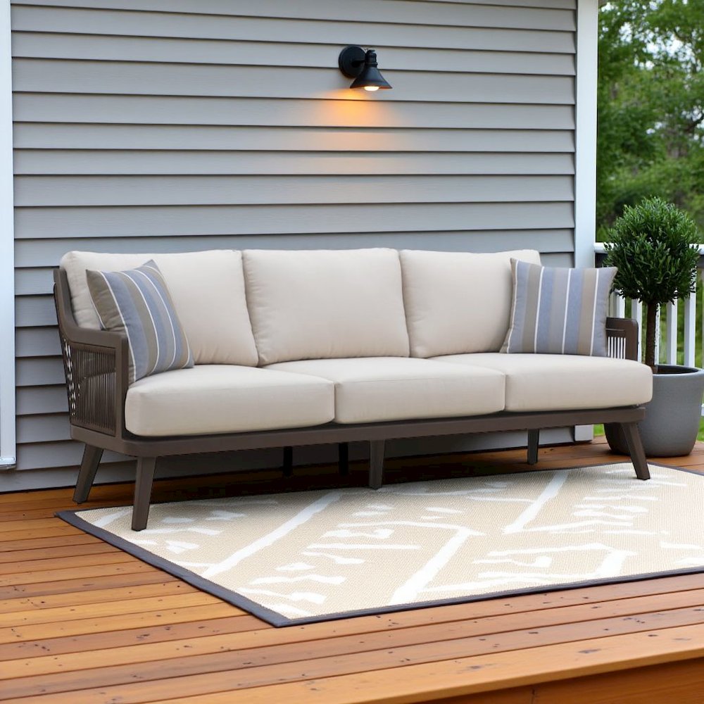 Gray Outdoor Sofa with Wicker Frame, Patio Couch for Porch or Garden. Picture 3
