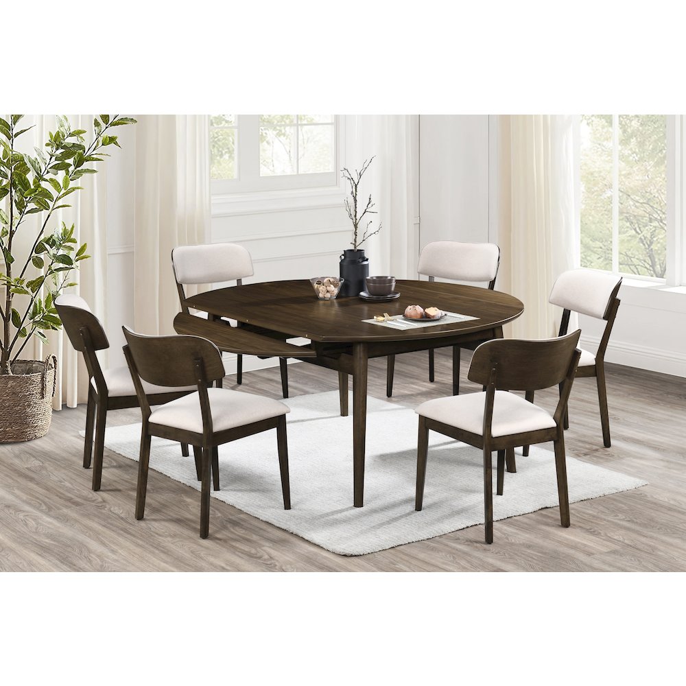 Rex 7-Piece Wood Round Dining Set with Leaf Table, Walnut. Picture 2