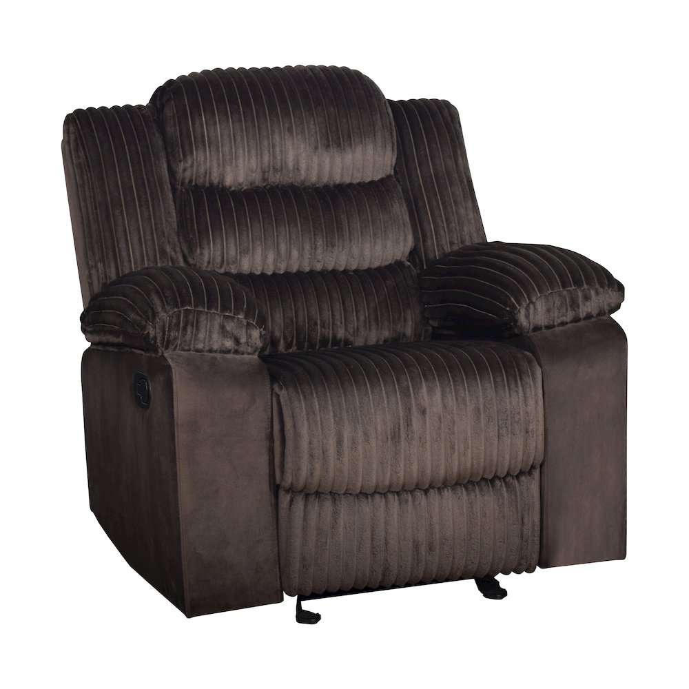 Willow Wood & Fabric Glider Recliner in Brown. Picture 1