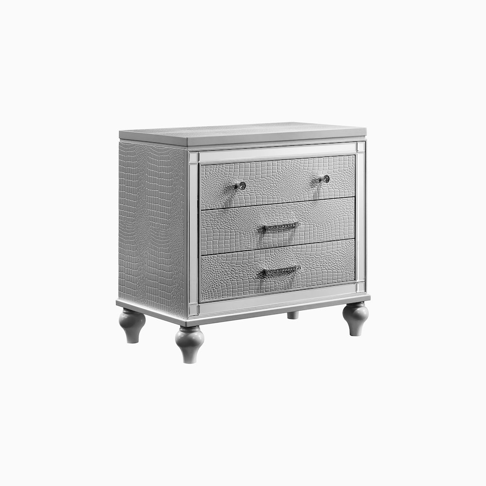 Valentino Wood 3-Drawer Nightstand in Silver. Picture 1