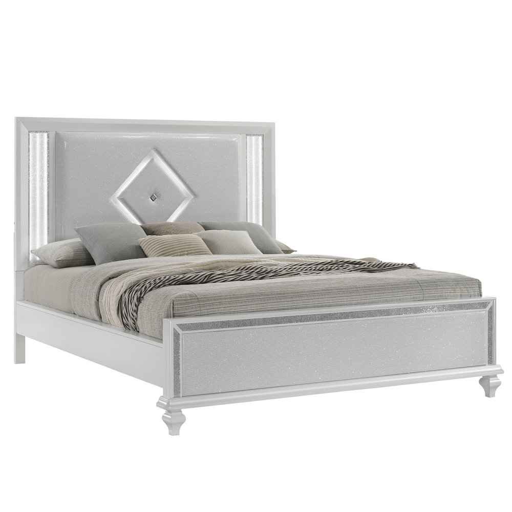Stardust Solid Wood Cal King Upholstered Bed, White. Picture 1