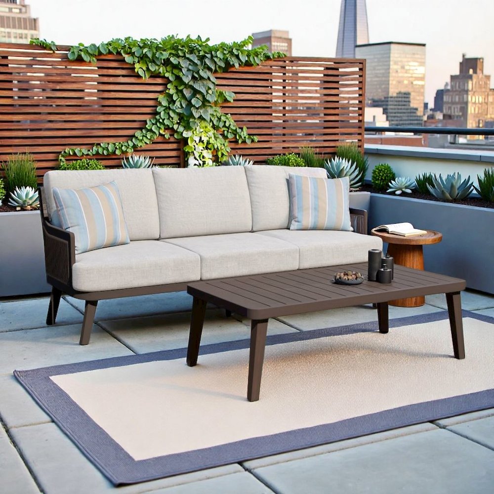 Brown Outdoor Sofa and Coffee Table Set with Ivory Cushions, Set of 2-pcs. Picture 2