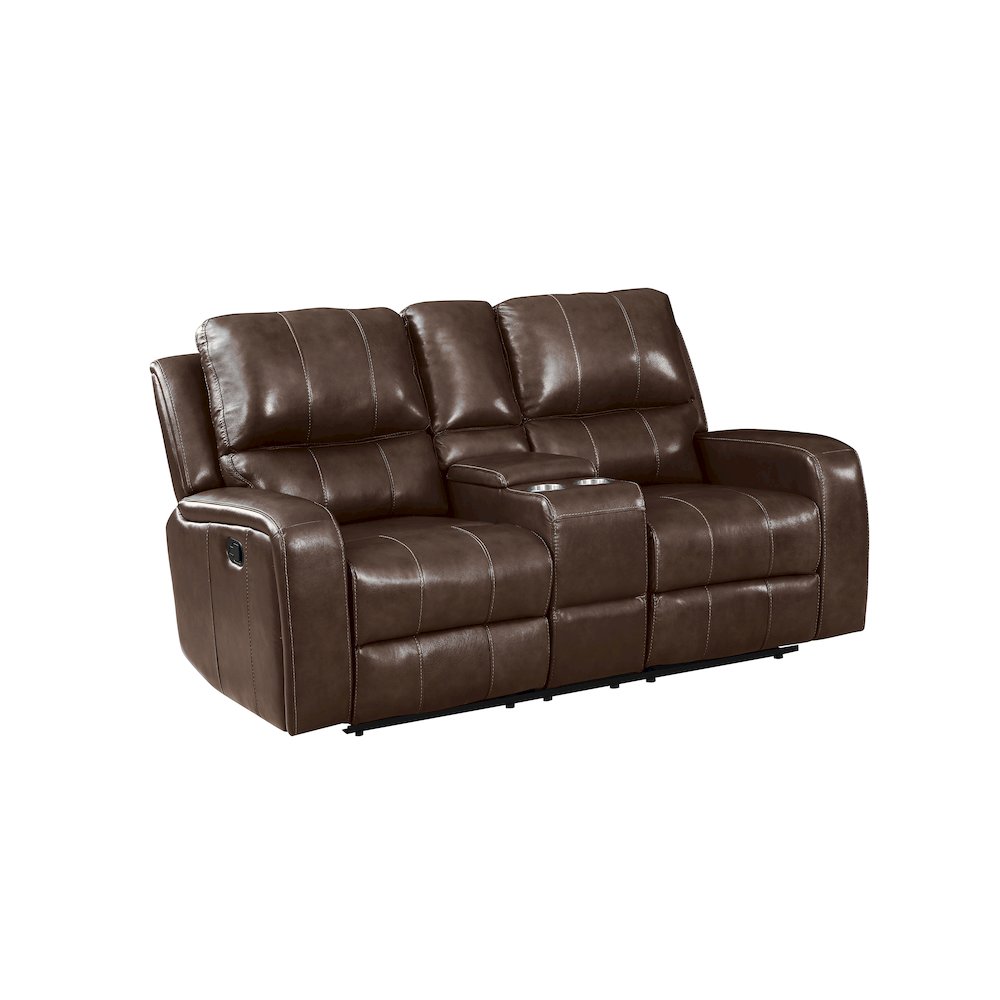 Linton Leather Console Loveseat W/ Dual Recliners-Brown. Picture 1
