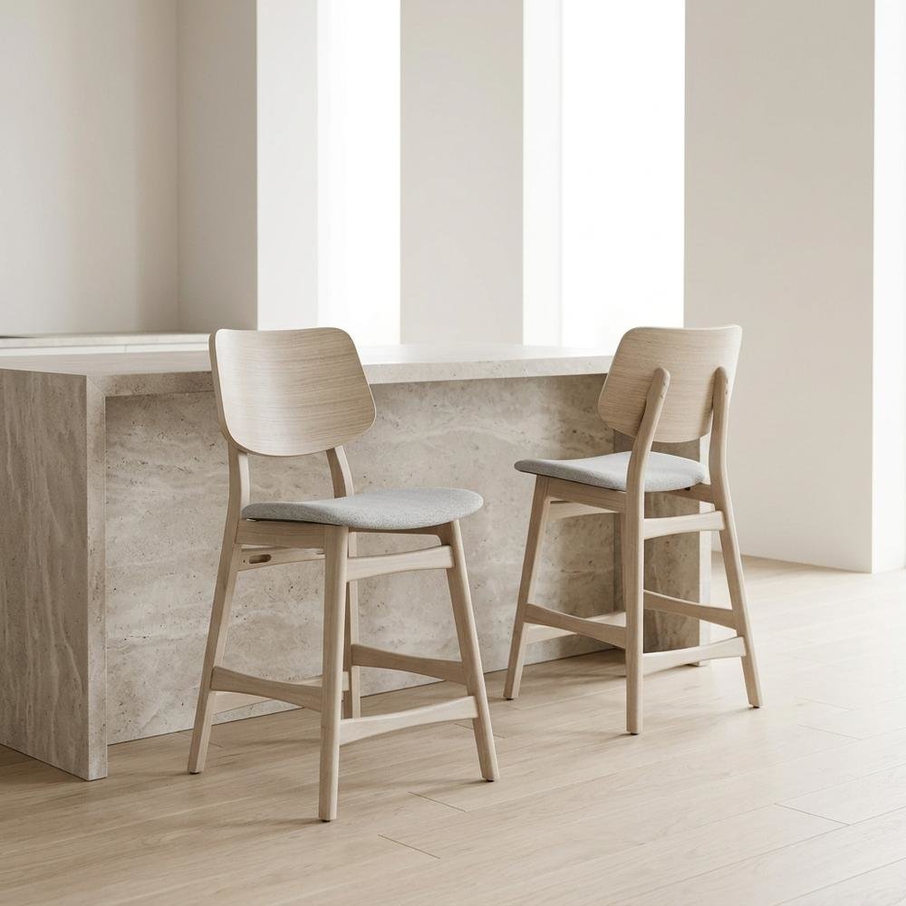 Wood Upholstered Counter Bar Stools for Kitchen Island, White Ash, Set of 2. Picture 4