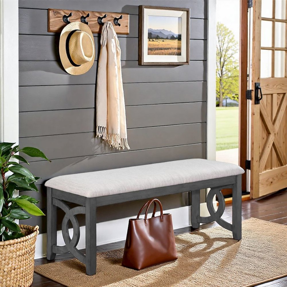 Gray Upholstered End of Bed Bench – Solid Wood Bedroom or Dining Bench. Picture 2